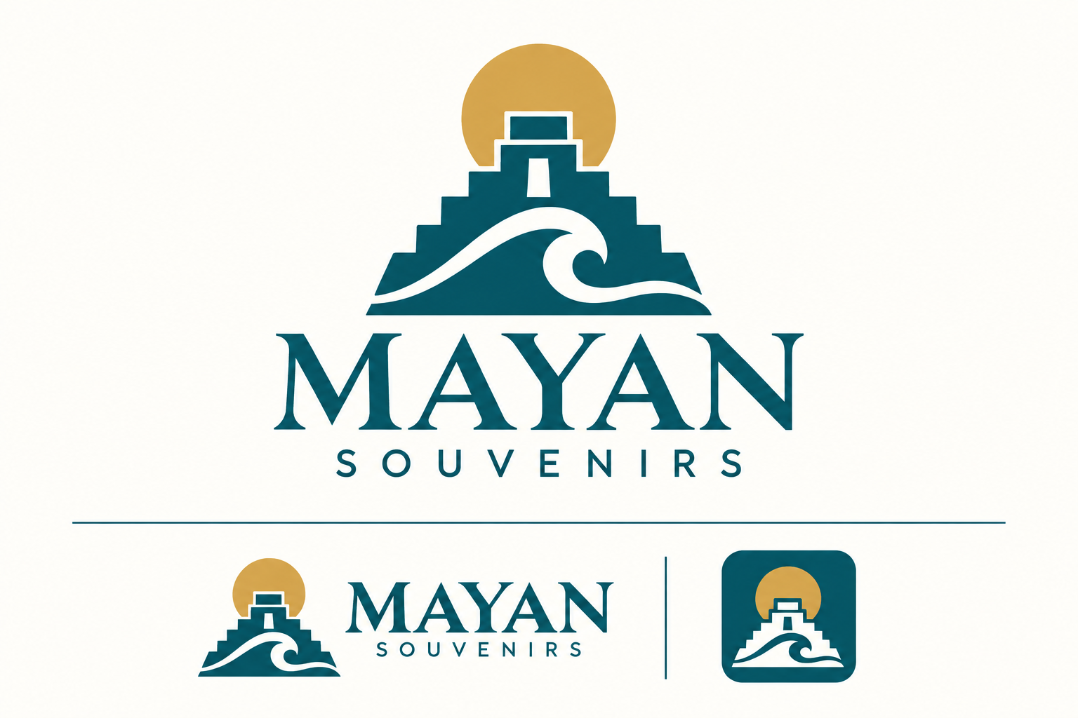 Mayan Souvenirs — Maya temple, Caribbean wave and golden sun